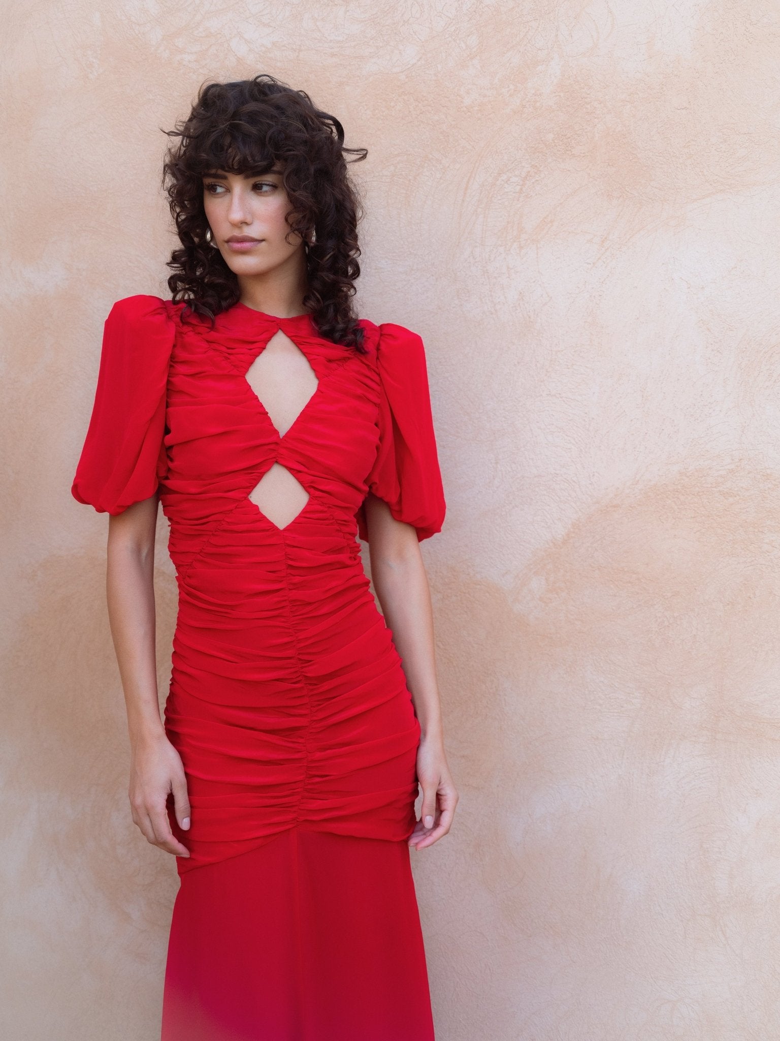 de la vali red dress De La Vali Burgundy Red Cairo High Neck Cut-Out Maxi Dress