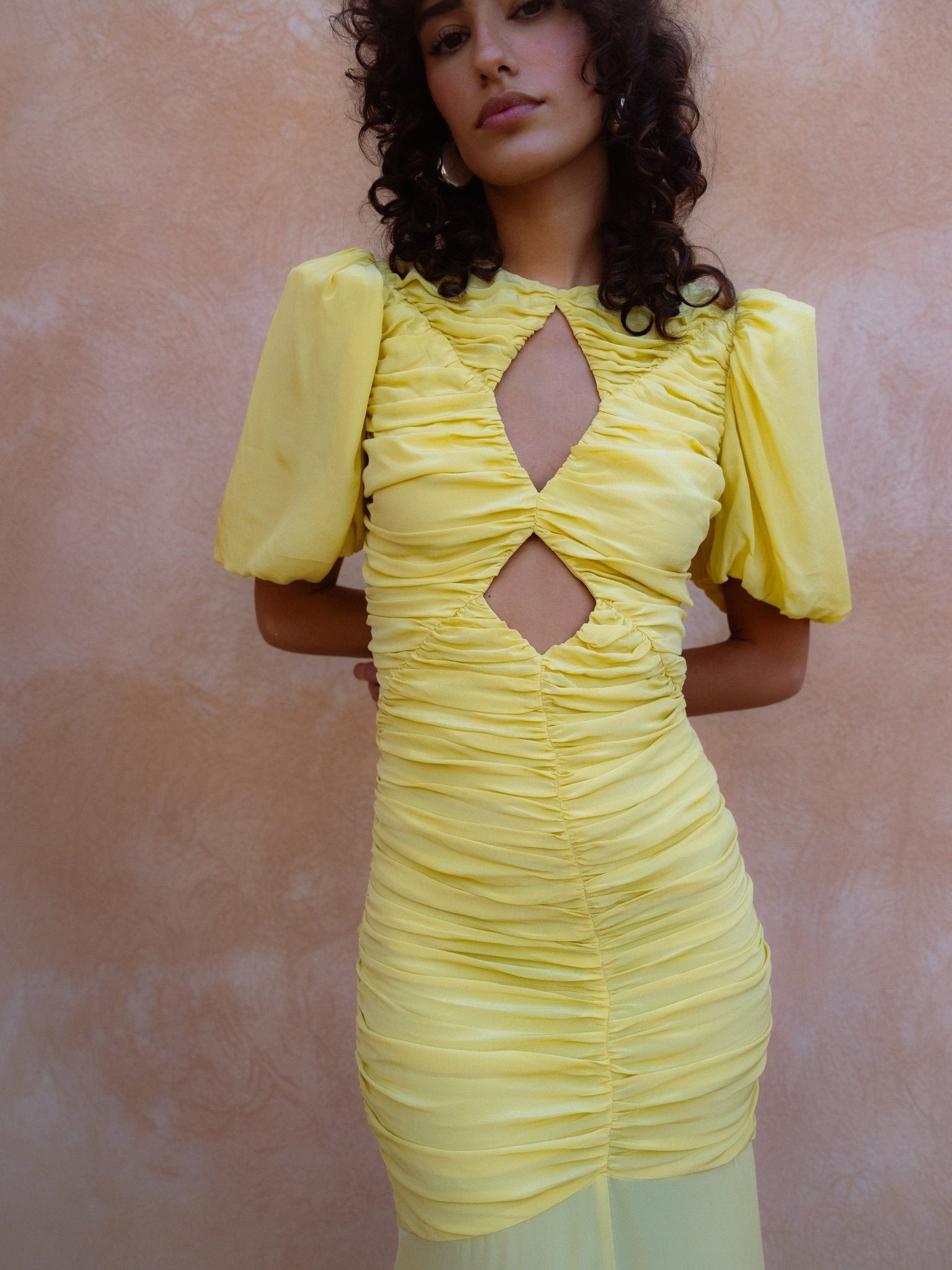 de la vali olympia maxi dress De La Vali Olympia Puff-Sleeve Ruched Crepe Maxi Dress