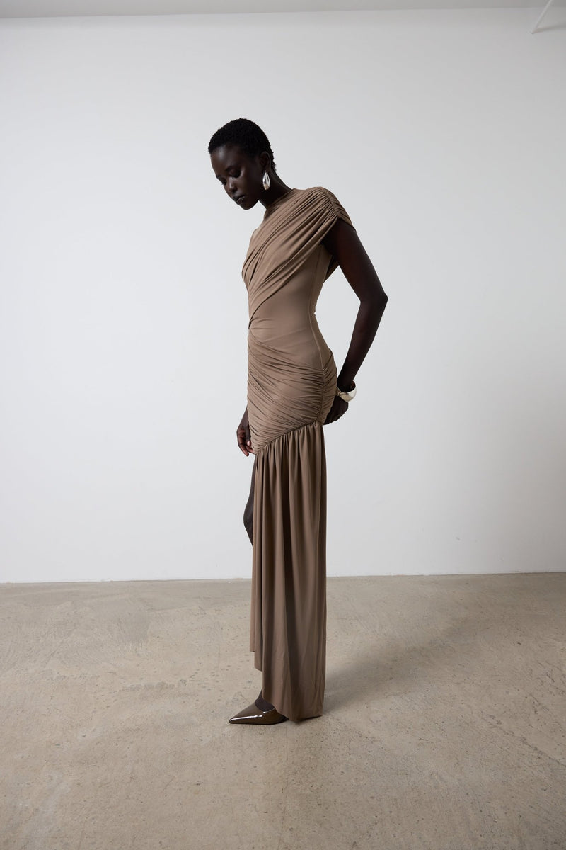 RAVENNA MINI DRESS IN TAUPE SPANDEX JERSEY – DE LA VALI OFFICIAL
