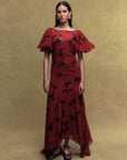 OLIVIA SILK CHIFFON LONG DRESS IN SCARLET MAGNOLIA PRINT