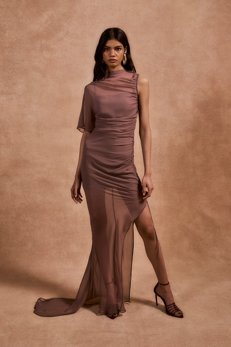 LUCHO MAXI DRESS IN ASH SILK CHIFFON – DE LA VALI OFFICIAL