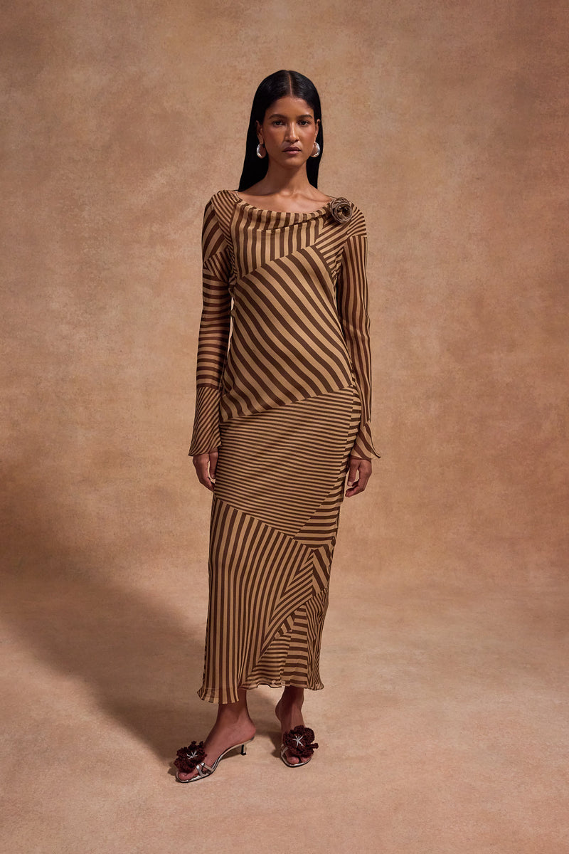 GRACIA MIDI DRESS IN VIVID STRIPE SILK CHIFFON – DE LA VALI OFFICIAL