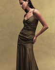PERDITA CREPE DE CHINE MAXI DRESS IN OLIVE GREEN