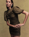 MARCELINE CREPE DE CHINE MINI DRESS IN OLIVE GREEN