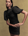 MARCELINE CREPE DE CHINE MINI DRESS IN BLACK - De La Vali