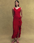 AZURA SILK CHIFFON LONG DRESS IN SCARLET