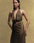 VIOLETTA CREPE DE CHINE MINI DRESS IN OLIVE GREEN