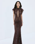 LAIA MAXI DRESS IN BROWN NYLON LACE - De La Vali