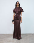 MYRA MAXI DRESS IN BROWN DOUBLE SATIN - De La Vali