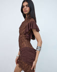 NOOR MINI DRESS IN BROWN LACE - De La Vali