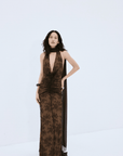 AMORA MAXI DRESS IN BROWN LACE TULLE - De La Vali