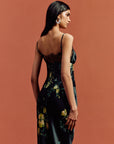 CLEODORA MAXI DRESS IN PRIMAVERA - BLACK SILK SATIN & LACE