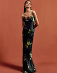 CLEODORA MAXI DRESS IN PRIMAVERA - BLACK SILK SATIN & LACE