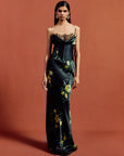 CLEODORA MAXI DRESS IN PRIMAVERA - BLACK SILK SATIN & LACE