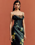 CLEODORA MAXI DRESS IN PRIMAVERA - BLACK SILK SATIN & LACE