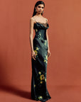 CLEODORA MAXI DRESS IN PRIMAVERA - BLACK SILK SATIN & LACE