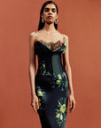 CLEODORA MAXI DRESS IN PRIMAVERA - BLACK SILK SATIN & LACE