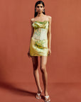 CLEODORA MINI DRESS IN PRIMAVERA - YELLOW SILK SATIN, LACE