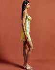 CLEODORA MINI DRESS IN PRIMAVERA - YELLOW SILK SATIN, LACE
