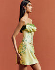 CLEODORA MINI DRESS IN PRIMAVERA - YELLOW SILK SATIN, LACE
