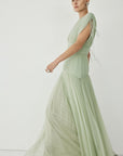 NYMERA MAXI DRESS IN SAGE GREEN TULLE - De La Vali