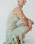 MORWEN MIDI DRESS IN STONE BEIGE & SAGE GREEN FINE LACE - De La Vali