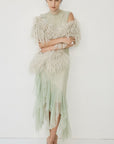 MORWEN MIDI DRESS IN STONE BEIGE & SAGE GREEN FINE LACE - De La Vali