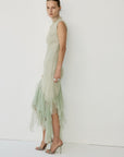 MORWEN MIDI DRESS IN STONE BEIGE & SAGE GREEN FINE LACE - De La Vali