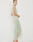 MORWEN MIDI DRESS IN STONE BEIGE & SAGE GREEN FINE LACE - De La Vali