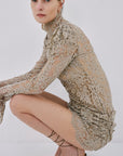 AGARTHA MINI DRESS IN TRUFFLE BROWN METALLIC LACE - De La Vali
