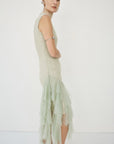 MORWEN MIDI DRESS IN STONE BEIGE & SAGE GREEN FINE LACE - De La Vali