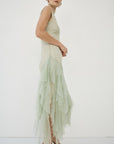 MORWEN MIDI DRESS IN STONE BEIGE & SAGE GREEN FINE LACE - De La Vali
