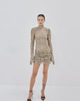 AGARTHA MINI DRESS IN TRUFFLE BROWN METALLIC LACE - De La Vali