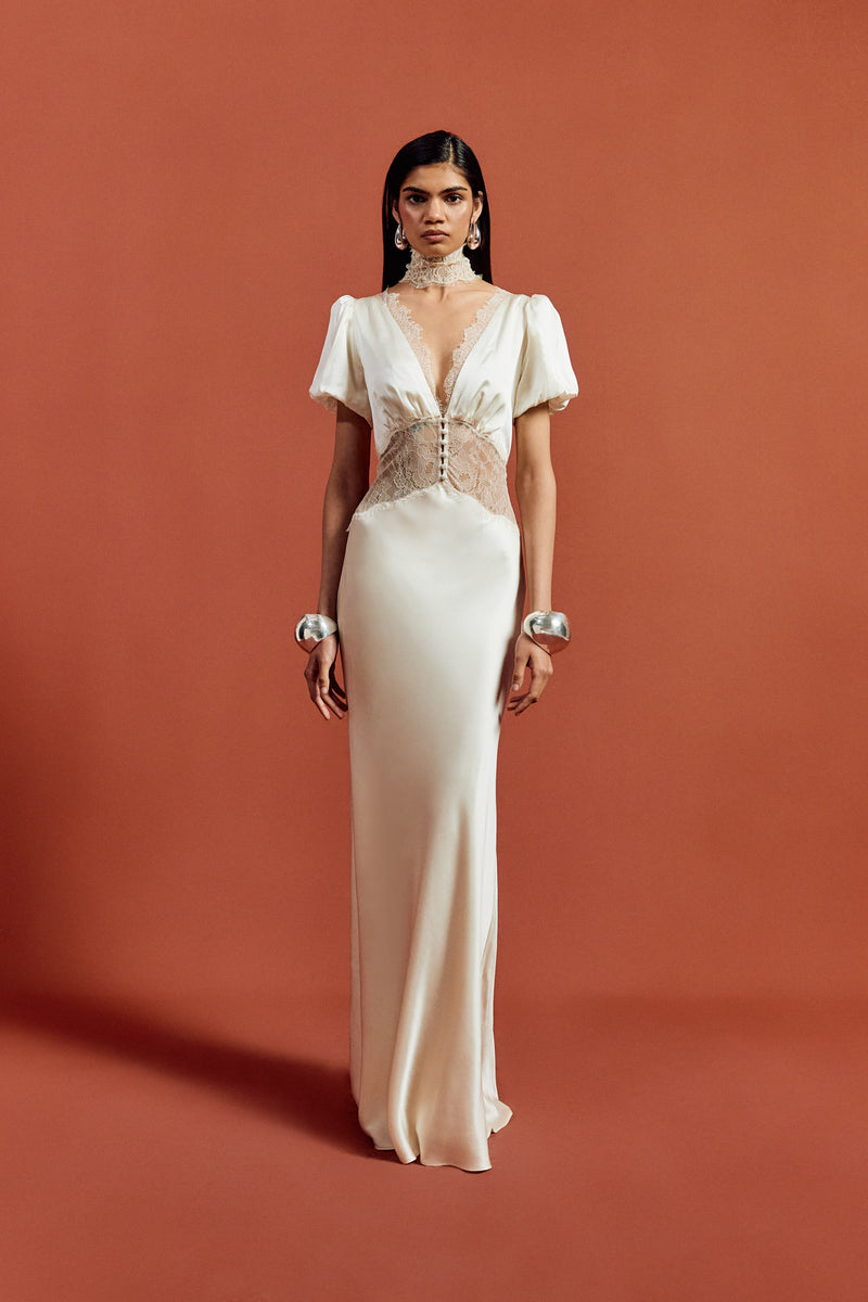lovaan lorna puff-sleeve v-neck linen-silk maxi dress Lovaan Lorna Puff-Sleeve V-Neck Linen-Silk Maxi Dress