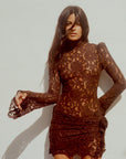 BODITA MINI DRESS IN BROWN COTTON LACE - De La Vali