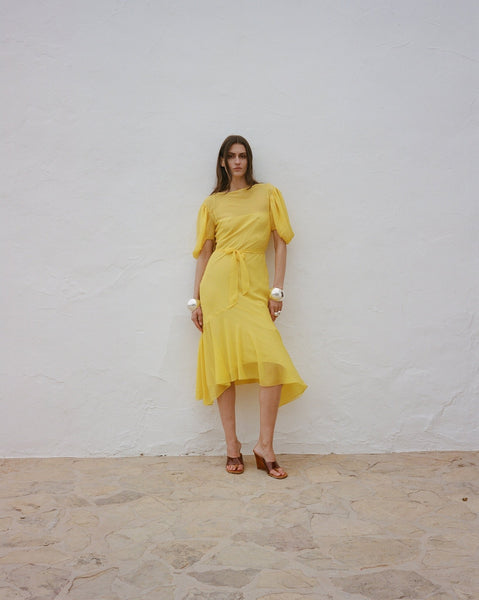ANITA MIDI DRESS SILK CHIFFON SUN YELLOW  DE LA VALI OFFICIAL