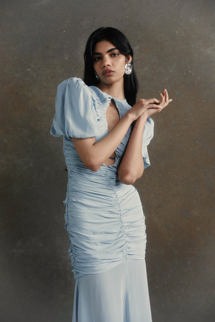 OLYMPIA MAXI DRESS IN STEEL BLUE CREPE DE CHINE