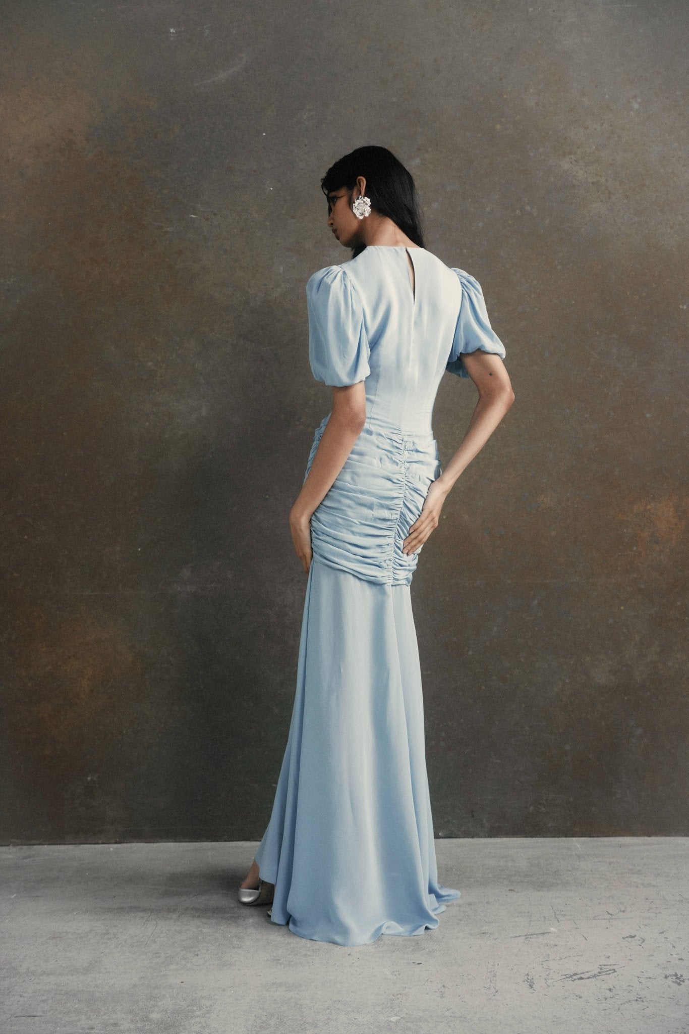 OLYMPIA MAXI DRESS IN STEEL BLUE CREPE DE CHINE - De La Vali