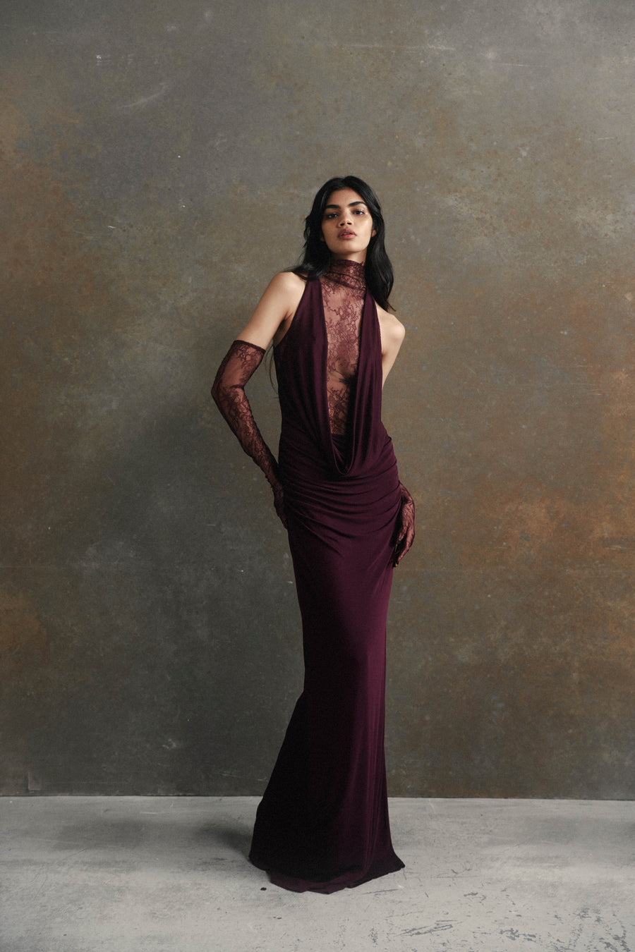 AMARYLLIS MAXI DRESS IN MAROON JERSEY & LACE