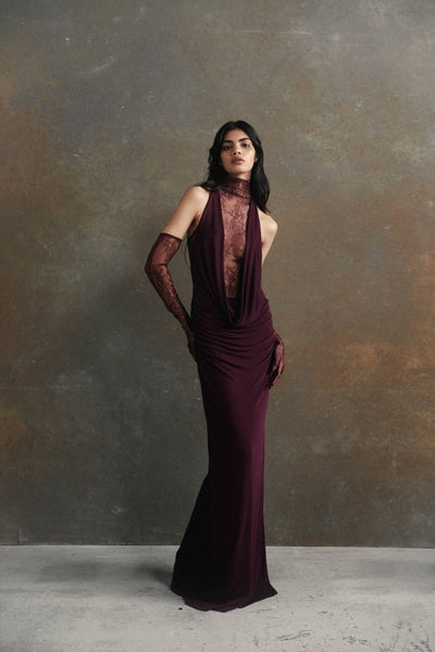 AMARYLLIS MAXI DRESS IN MAROON JERSEY & LACE DE LA VALI OFFICIAL AMARYLLIS MAXI DRESS IN MAROON JERSEY & LACE DE LA VALI OFFICIAL