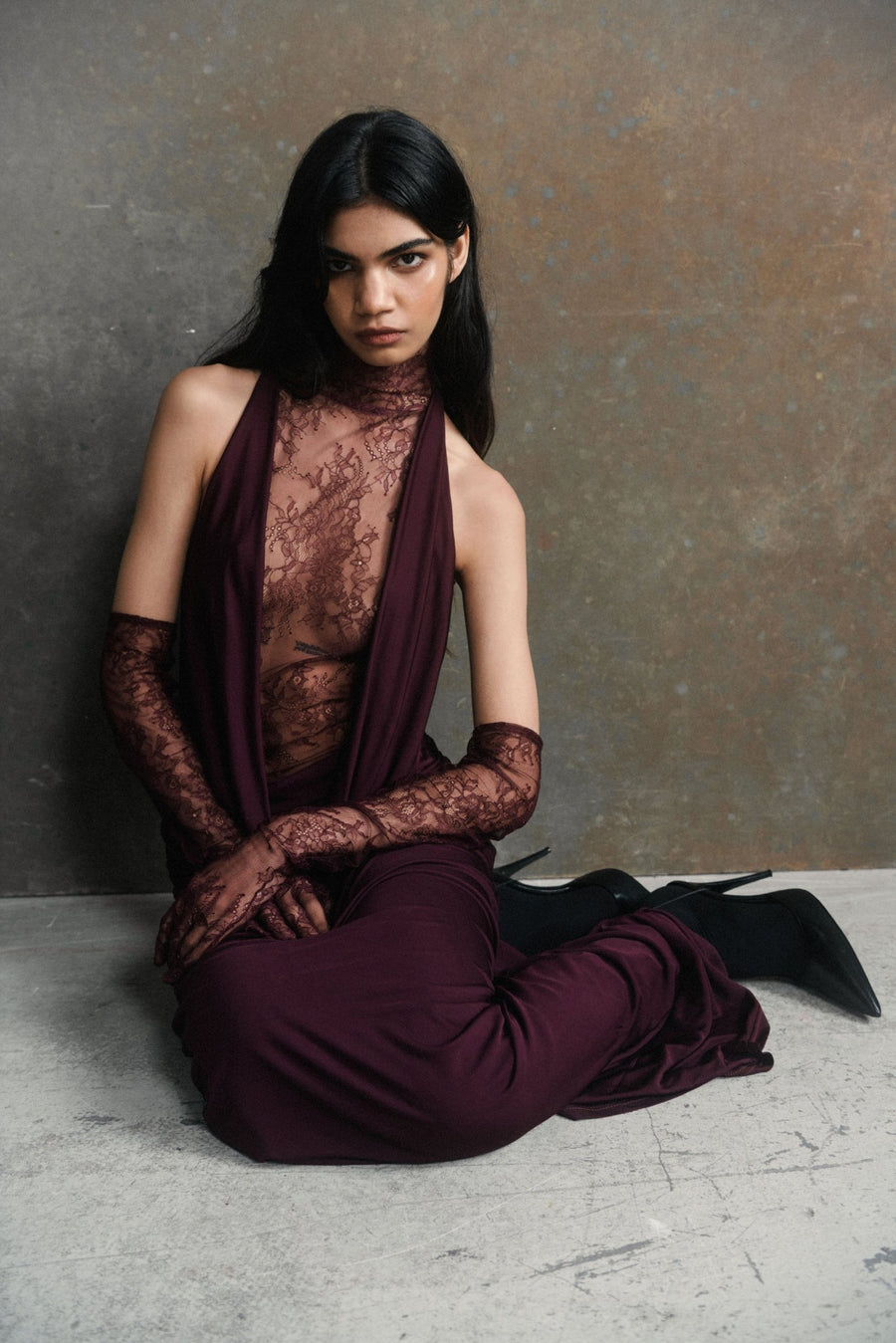 AMARYLLIS MAXI DRESS IN MAROON JERSEY & LACE DE LA VALI OFFICIAL AMARYLLIS MAXI DRESS IN MAROON JERSEY & LACE DE LA VALI OFFICIAL