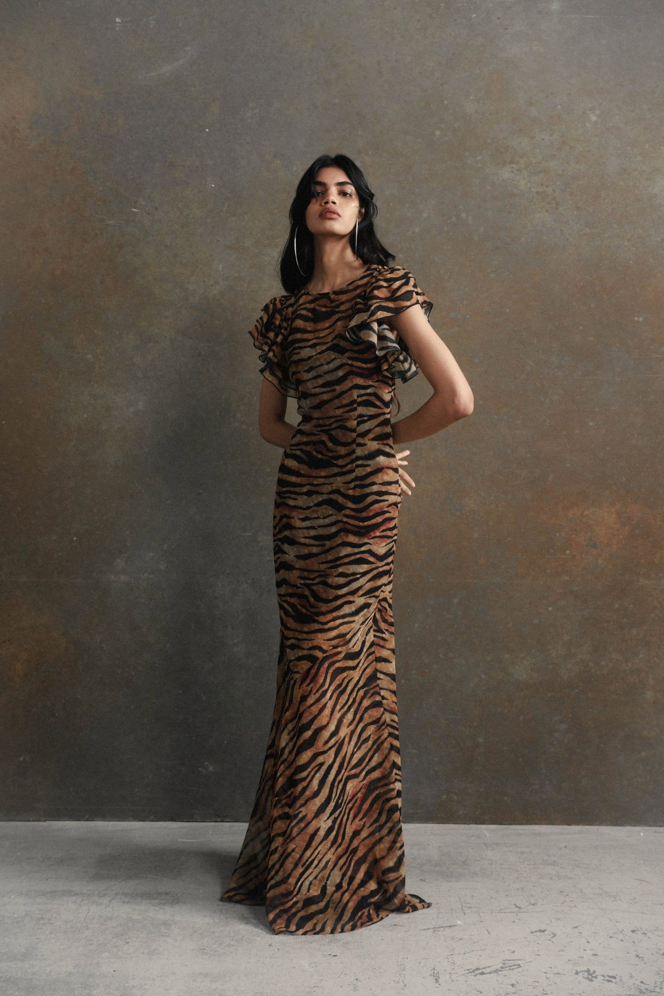 BOUGAINVILLEA MAXI DRESS IN SALVAJE ANIMAL PRINT CHIFFON  DE LA VALI ...