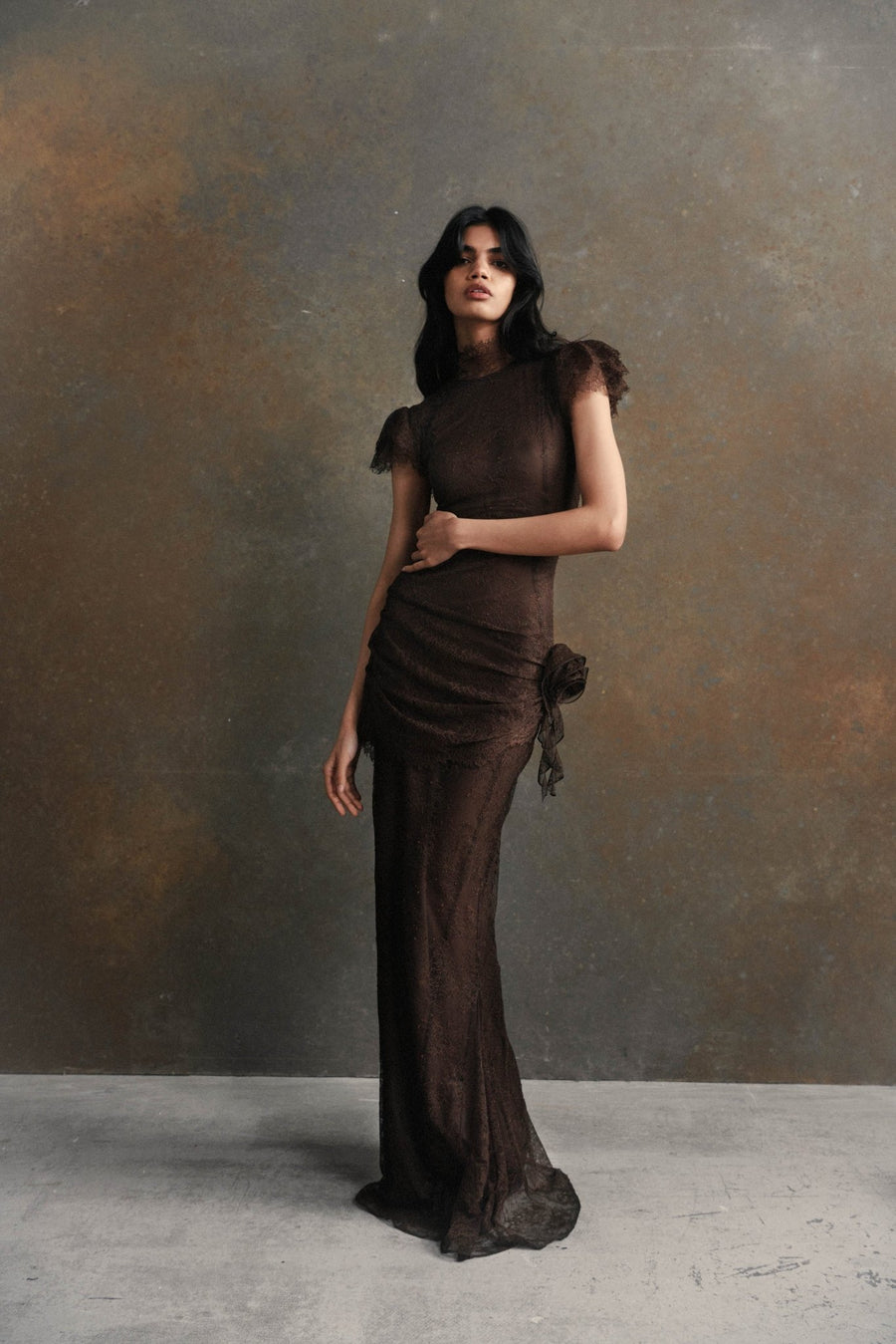 SILENTIUM MAXI DRESS IN CHOCOLATE BROWN LACE DE LA VALI OFFICIAL SILENTIUM MAXI DRESS IN CHOCOLATE BROWN LACE DE LA VALI OFFICIAL