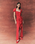 CAPPUCCINO RUFFLE MAXI DRESS IN RED CHIFFON