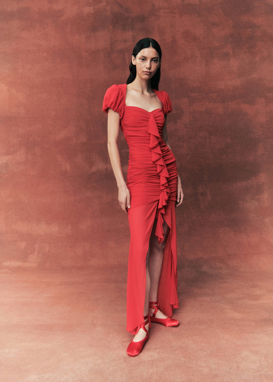 CAPPUCCINO RUFFLE MAXI DRESS IN RED CHIFFON