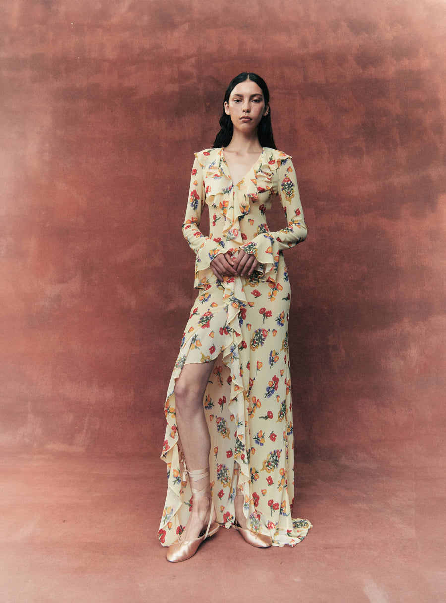 TANGERINE MAXI DRESS IN CHIFFON VERSAILLES GARDEN PRINT - De La Vali