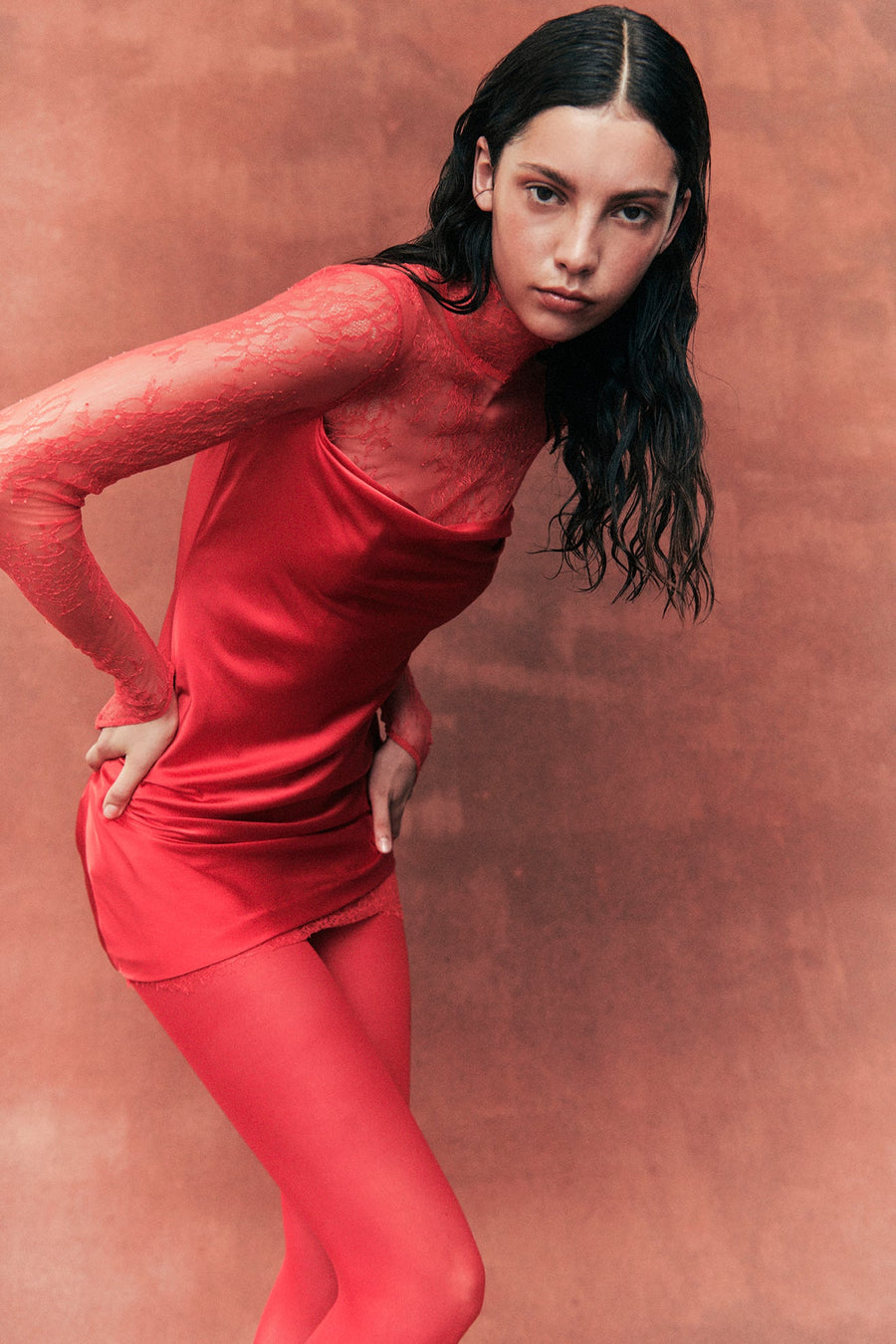 CROISSANT MINI DRESS IN RED SILK SATIN AND LACE