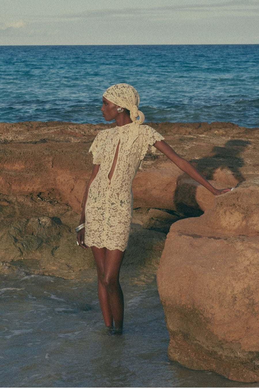 LAIA MINI DRESS IN ANTIQUE YELLOW NYLON LACE