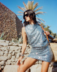 IBIZA MINI DRESS IN BLUE SEQUIN CROCHET - De La Vali