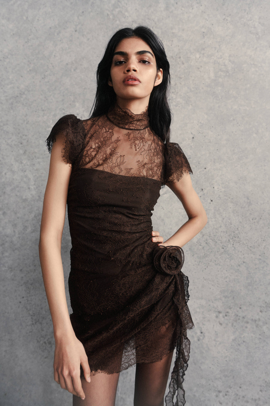SILENTIUM MINI DRESS IN CHOCOLATE BROWN LACE